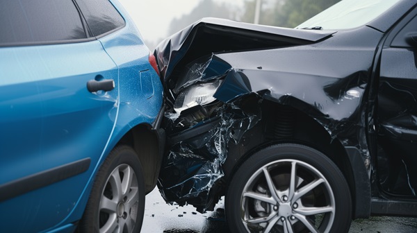 A blue car and a black car involved in a rear-end collision, with significant damage to the front of the black car and the rear of the blue car.